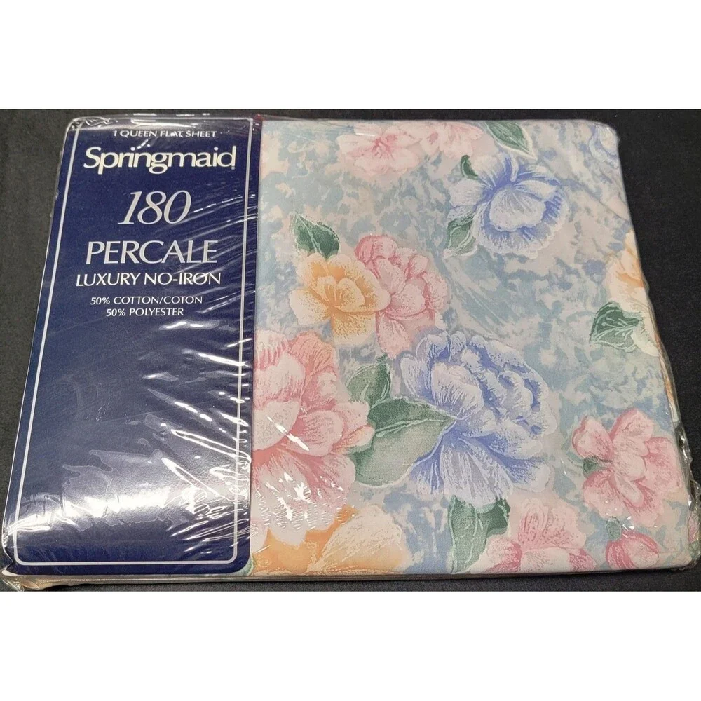 VINTAGE SPRINGMAID NOS QUEEN FLAT SHEET Powder Rose Blue NO IRON 180 PERCALE USA